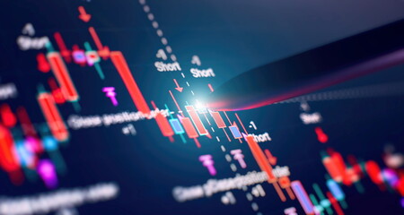 Financial chart with pen, stock analysis data for business background on digital screen. Graphs of the growth of the financial market forex. trading candlestick chart