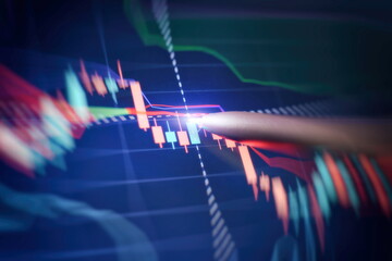 Price chart and pen indicator on screen, red and green candlestick chart on blue screen theme,...