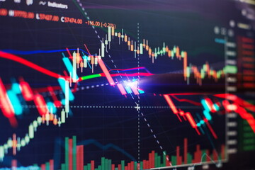 Financial chart with pen, stock analysis data for business background on digital screen. Graphs of...