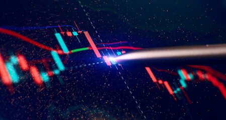 Financial chart with pen, stock analysis data for business background on digital screen. Graphs of...