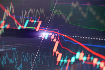 Price chart and pen indicator on screen, red and green candlestick chart on blue screen theme,...