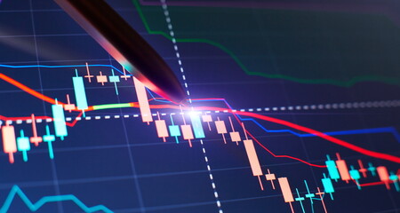 Price chart and pen indicator on screen, red and green candlestick chart on blue screen theme,...