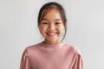 Headshot Of Toothy Chinese Kid Girl Posing Smiling, Gray Background