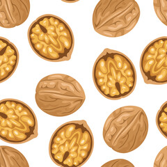 Walnuts background. Vector seamless pattern with shell nuts and kernels. Cartoon flat illustration.