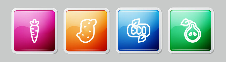 Set line Carrot, Potato, Leaf Eco symbol and Pear. Colorful square button. Vector