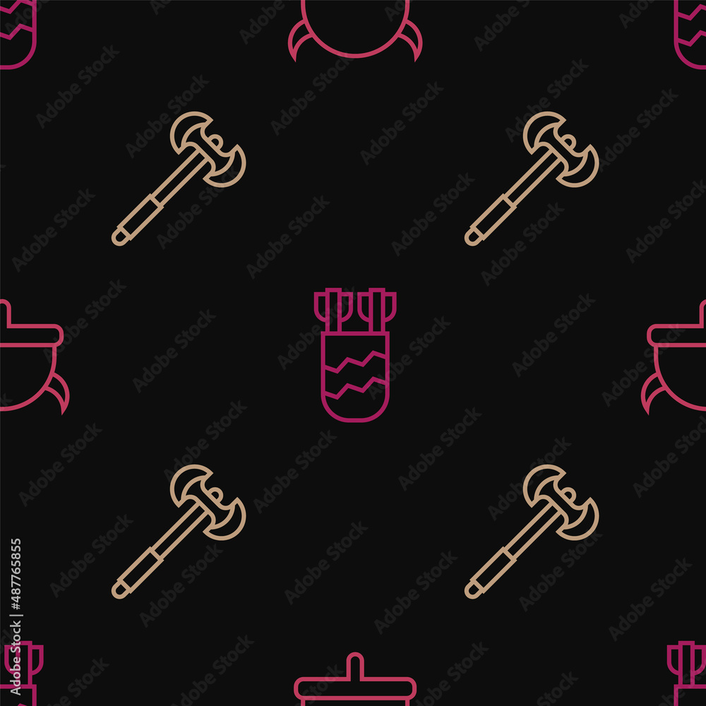 Poster set line viking in horned helmet, medieval poleaxe and quiver with arrows on seamless pattern. vecto