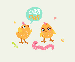 yellow easter chicks chirping illustration, chick looking at pink worm.