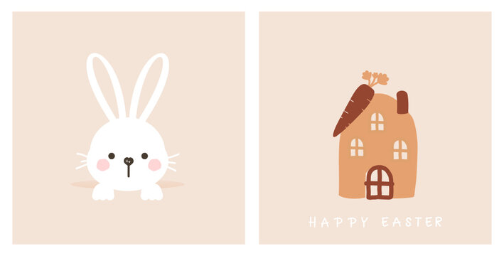 Rabbit Easter, carrot and house on orange background vector illustration.