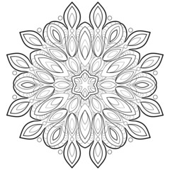 Decorative mandala with round shapes, floral and striped patterns on a white isolated background. For coloring book pages.