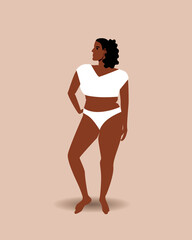 Cute woman with natural figure or body positive, flat vector stock illustration with natural body