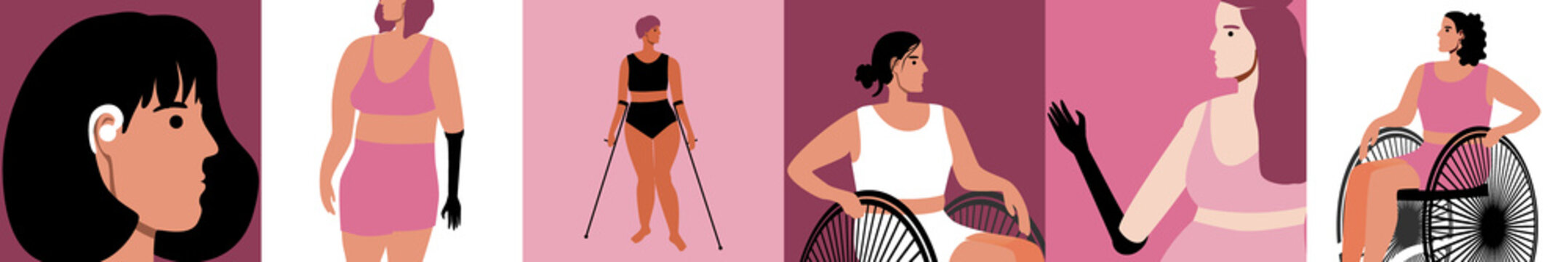 Inclusive women like collage, flat vector stock illustration with variety of appearances of deaf people with disabilities, wheelchair, prosthesis