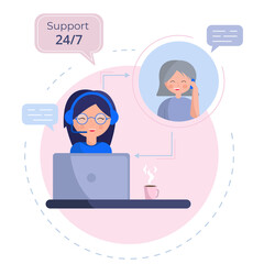 operator with headset consulting a client. Online global tech support 24 7. Operator and customer. Technical support concept. Vector illustration in flat design