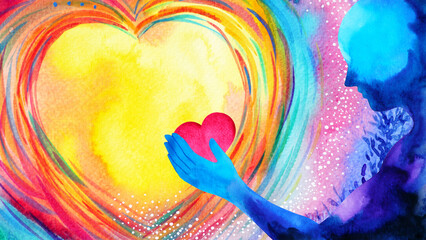 red heart love mind mental flying healing in universe spiritual soul abstract health art power watercolor painting illustration design - 487767873