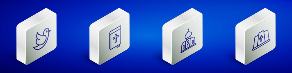 Set Isometric line Dove, Holy bible book, Church building and Pope hat icon. Vector
