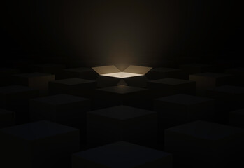 One luminous opened box glowing among others closed dark square boxes on dark background