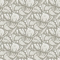 Abstract neutral mint leaves textural vector seamless pattern background. backdrop with lino or mono block print style beige ecru peppermint herb foliage. Overlapping botanical and drawn texture