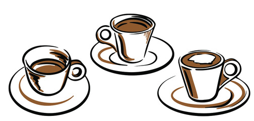 Vector sketch set with espresso cups in brown coffee tones