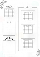 Printable A4 paper sheet, bullet journal page with hand drawn flowers and month planner blank and to fill fulfilled habits. Cute planner for habit tracker, daily planner template, blank for notebook.