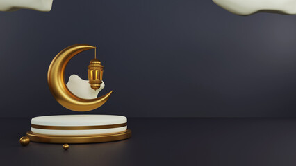 Islamic ramadan greetings, composition with 3d crescent moon and arabic lanterns