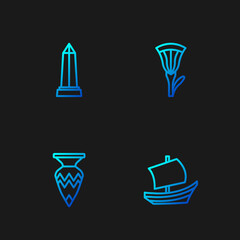 Set line Egyptian ship, vase, Obelisk of Alexandria and lotus. Gradient color icons. Vector