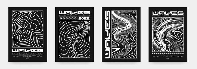 Collection of modern abstract posters with optical waves. In techno style, psychedelic design, prints for T-shirts and hoodies. Isolated on black background