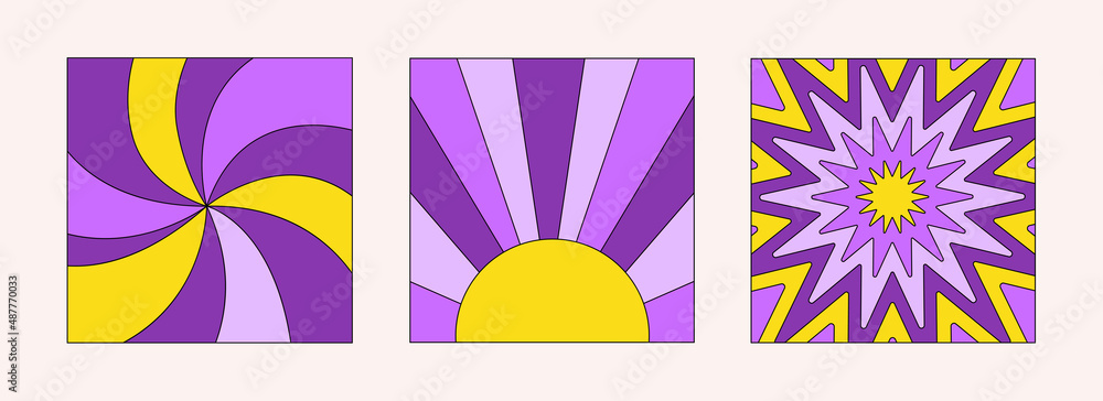 Poster trendy colorful set of retro backgrounds in style 70s, 80s. abstract set hippie cards in yellow and 