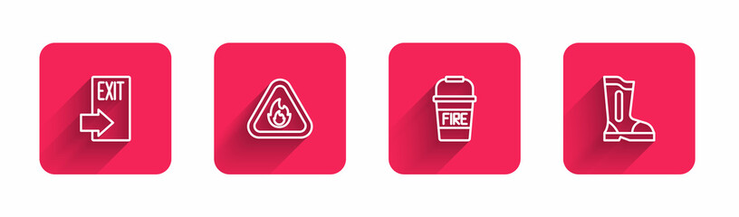 Set line Fire exit, flame in triangle, bucket and boots with long shadow. Red square button. Vector