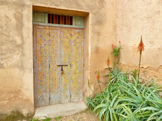 Yard with colorful wooden door and blooming succulent against brown wall. Rabat, Morocco.