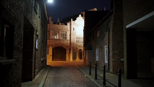 Night view of King's Lynn Guildhall also known as the Guildhall of the Holy and Undivided Trinity in Norfolk, UK, dating to 1422