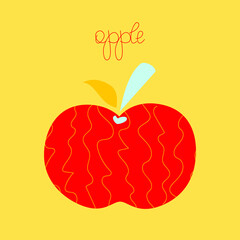 Simple red apple vector illustration on the pastel yellow background. Abstract apple illustration. Wavy lines, blue and orange leaf. Harvest autumn fruit logo. Design icon. Hand written logo.