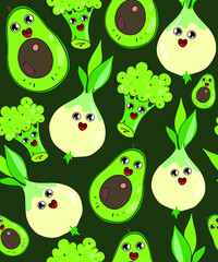 Vector pattern from a set with vegetables. Avocado, hot chili pepper, carrots, finocchio and mushrooms with broccoli. Suitable for printing on fabric, T-shirts and wallpaper.