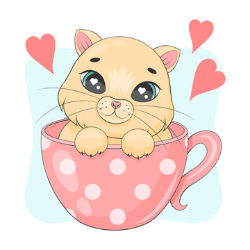 Cute kitten in cup. Happy Cartoon style. Children illustration. Vector illustration. Isolated on white