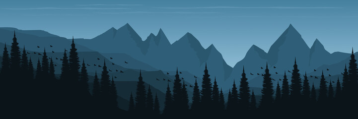 mountain sunset flat design landscape vector illustration good for wallpaper, backdrop, background, web banner, and design template