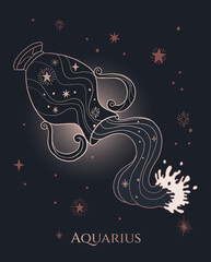 gold illustration of amphora with water on black background, aquarius zodiac sign