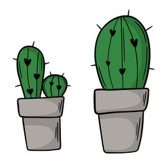 Doodle black outline cactus set. Home plant. Ink sketch.