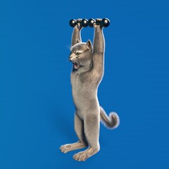 3D-illustration of a cute and funny cartoon cat making a workout
