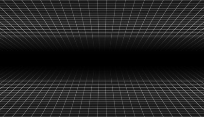 Wireframe perspective grid. White infinity mesh on black background, Abstract retro style. Vector illustration