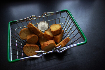 Small empty supermarket grocery shopping basket toy isolated on blue pastel colorful trendy background. Copy space. Sale buy mall market shop online shopping consumer concept