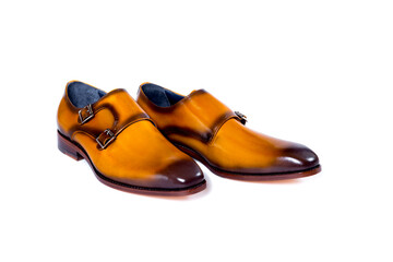 Men's classic brown leather shoes isolated on white background, with copy space and text.