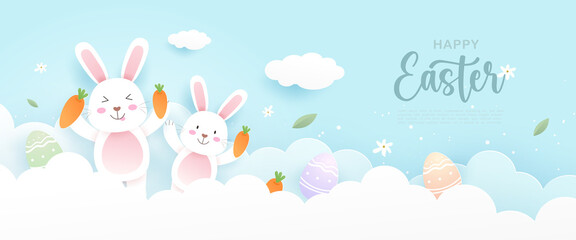 Happy Easter with cute bunny or rabbit, easter eggs, carrot and festive elements on the blue sky in paper cut style. Vector illustration