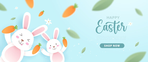 Happy Easter with cute bunny or rabbit, easter eggs, carrot and festive elements on the blue sky in paper cut style. Vector illustration