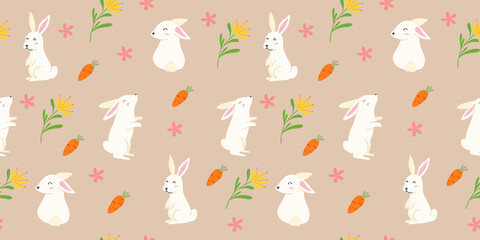 Fototapeta na wymiar Happy Easter seamless pattern. Lovely hand drawn bunnies, eggs, flowers and cute element for banner, wallpaper or wrapping. Vector illustration