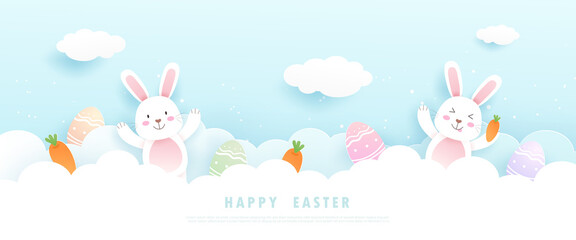 Happy Easter with cute bunny or rabbit, easter eggs, carrot and festive elements on the blue sky in paper cut style. Vector illustration