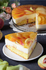 Homemade jelly cake with peaches, cream and biscuit in a plate on dark gray background