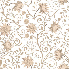 Damask style hand drawn swirl pattern, flowers, white background. Seamless pattern, vector.