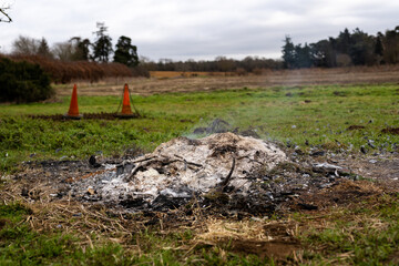 Smoking remains of a bonfire disposing of garden waste and materials