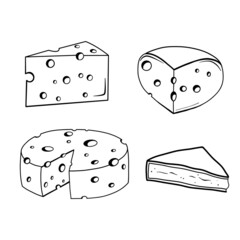 Piece of cheese with holes and brie camembert isolated on white background. Vector line illustration. Set of dairy products in doodle style.