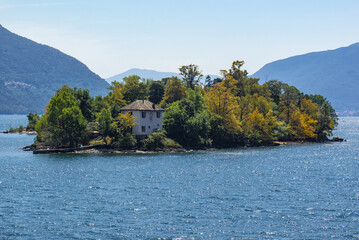 Aerial views of the Brissago Islands botanical garden in the Swiss side of Lake Maggiore