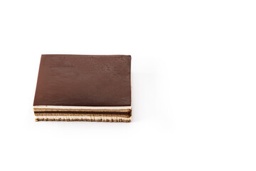 Opera cake dessert slice isolated on white background