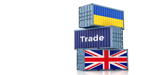Fototapeta na wymiar Freight containers with United Kingdon and Ukraine national flags. 3D Rendering 